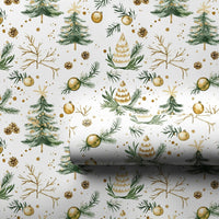 Pinecone Holiday Gift Wrap, Watercolor Christmas Tree Wrapping Paper, Gold Ornament Gift Wrap Roll, Botanical Xmas Present Paper