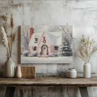 Snowy Winter Scene Art Print, Pink Christmas Cottage Canvas Wall Art, Comfy Holiday Cottage Wall Decor, Xmas Home Present Digital Download