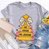 Custom Holiday Teacher T-Shirt, Personalized Christmas Tree Grade Shirt, Festive School Season Graphic Tee, Winter Educator Present