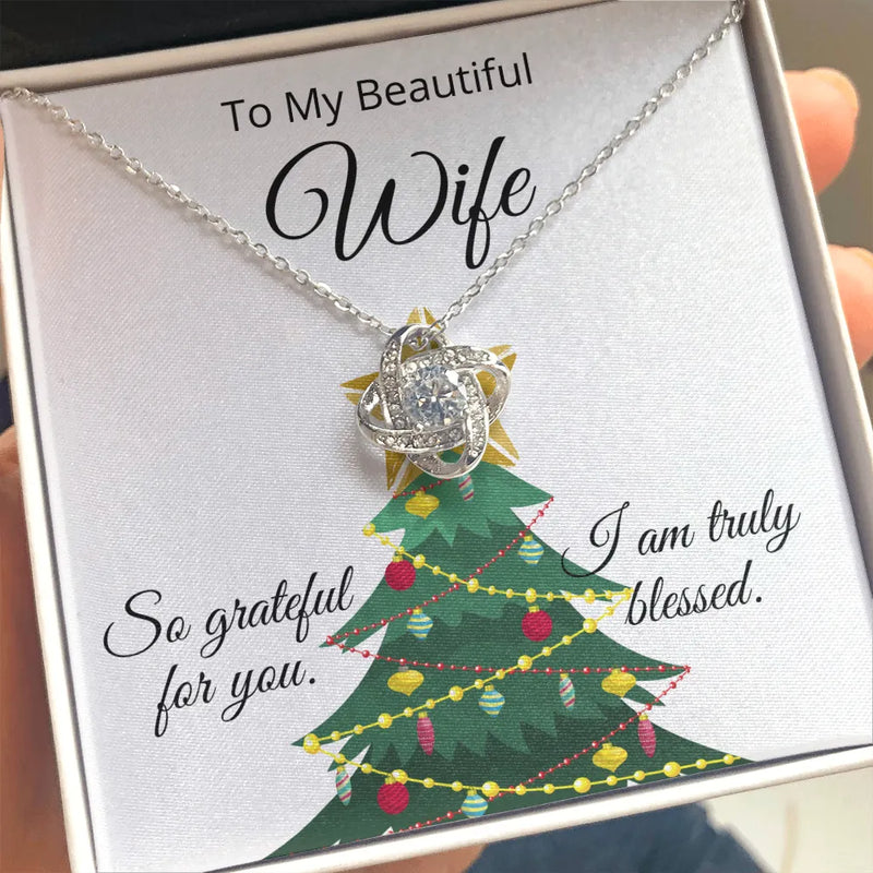 Christmas Message Card Necklace, Love Knot Necklace for Wife, 14k White Gold Over Steel Necklace, Romantic Holiday Jewelry Present for Her