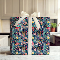 Navy Pine Branch Gift Wrap, Watercolor Ornament Wrapping Paper, Festive Christmas Ornament Wrapping Paper, Holiday Present Paper Roll