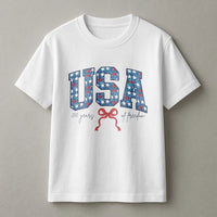 USA 250 Years of Freedom T-Shirt | Patriotic Star-Filled Varsity Leters with Coquette Bow | Soft Breathable Cotton Tee | Gift for July 4th Patriots