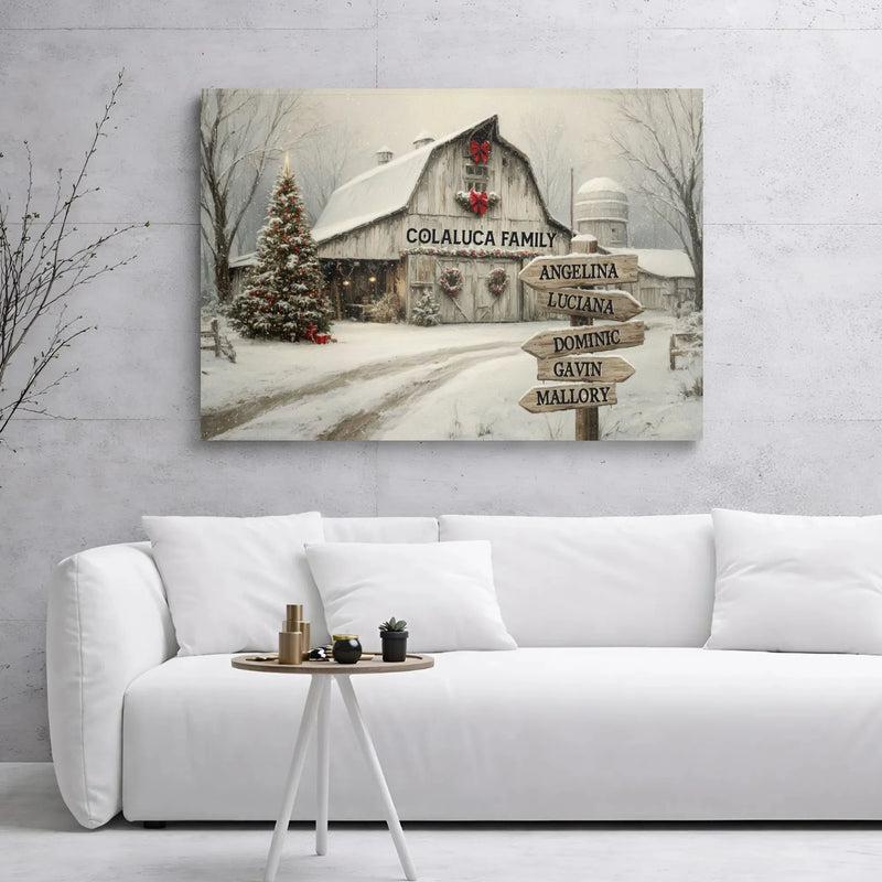 Snowy Barn Winter Canvas, Personalized Family Christmas Canvas, Holiday Barn Landscape Canvas, Custom Winter Decor, Christmas Wall Art