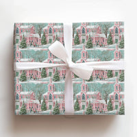 Winter Village Holiday Gift Wrap, Pink Church Christmas Wrapping Paper, Snowy Scenery Christmas Wrapping Paper, Pastel Xmas Gift Wrap