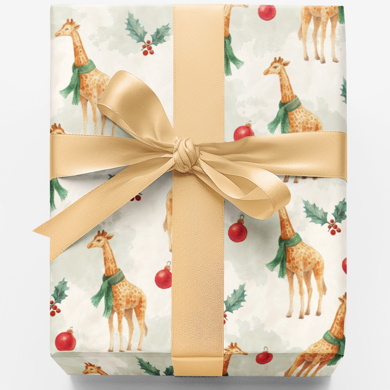 Safari Holiday Gift Wrap, Giraffe Christmas Wrapping Paper, Adorable Winter Animal Gift Wrap, Green Scarf Giraffe Present Paper Roll