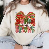 Preppy Coquette Bow Christmas Sweater, Merry and Bright Sweatshirt, Retro Girly Holiday Crewneck, Adorable Winter Season Graphic Pullover