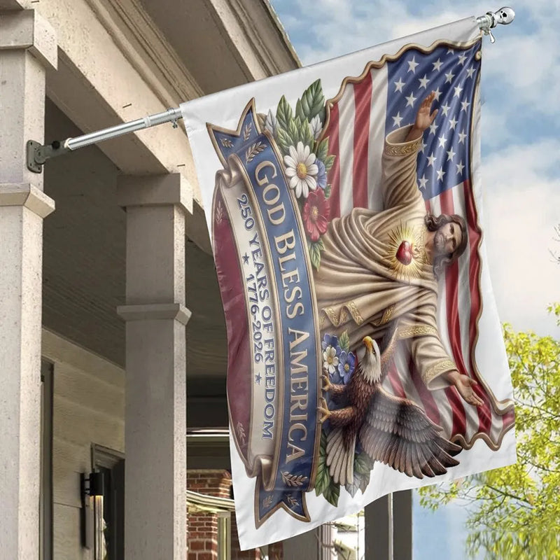God Bless America House Flag | Jesus Sacred Heart & Bald Eagle 250 Years of Freedom1776-2026 Art | Weather-Resistant Double-Sided Outdoor Flag | Patriotic Christian Gift for Home & Yard