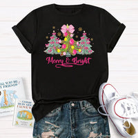 Merry and Bright Holiday Graphic Tee, Bow Christmas Tree Teacher Shirt, Adorable Teacher Christmas T-Shirt, Winter School Holiday Present