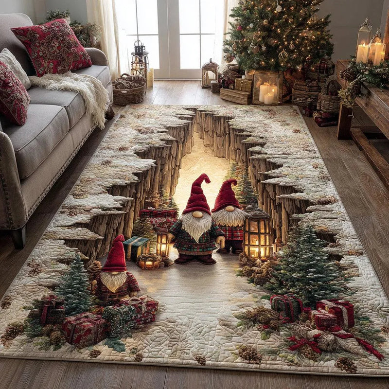 3D Snowy Canyon Illusion Floor Mat, Christmas Gnome Area Rug, Soft Non-Slip Winter Landscape Rug, Holiday Living Room Decor Present
