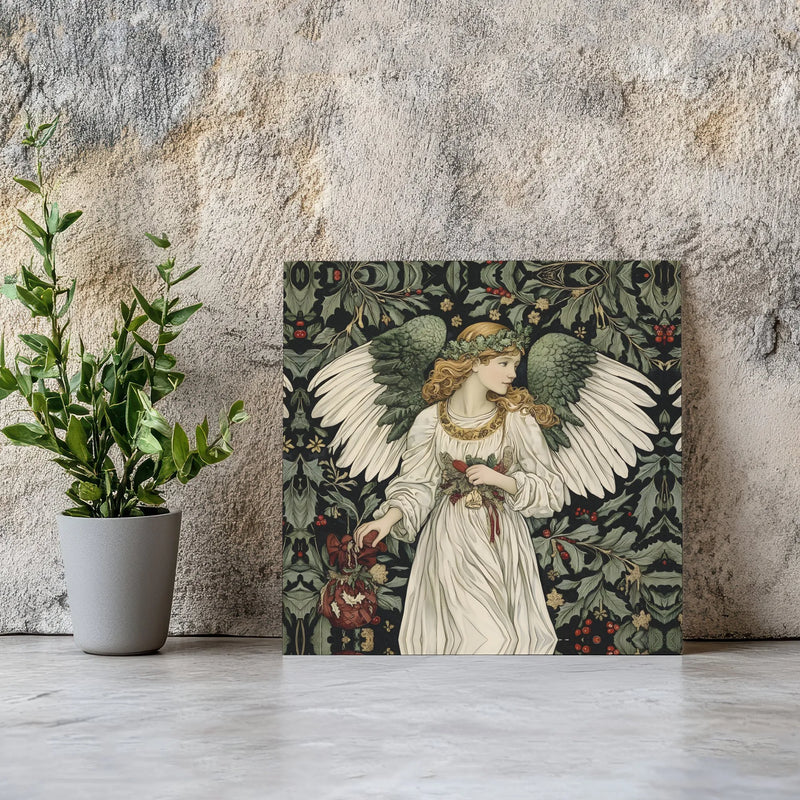 William Morris Botanical Canvas Print, Christmas Angel Square Canvas, Holly Berry Holiday Wall Canvas Art, Religious Xmas Present