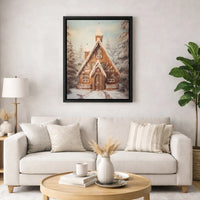 Winter Forest Holiday Painting, Gingerbread Church Christmas Canvas Wall Art, Festive Christmas Village Decor Digital Download