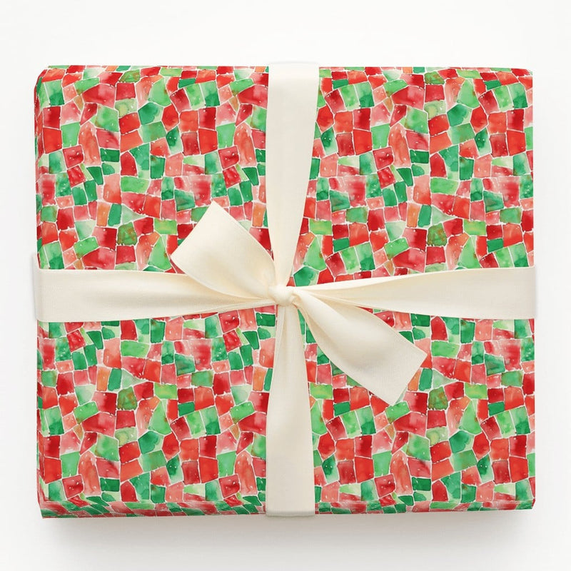 Red and Green Stained Glass Gift Wrap, Watercolor Mosaic Wrapping Paper, Modern Christmas Wrapping Paper, Abstract Holiday Gift Wrap Roll
