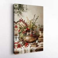 Winter Pine Cone and Red Berry Canvas Print, Rustic Christmas Wall Art, Farmhouse Holiday Still Life Poster, Seasonal Decor