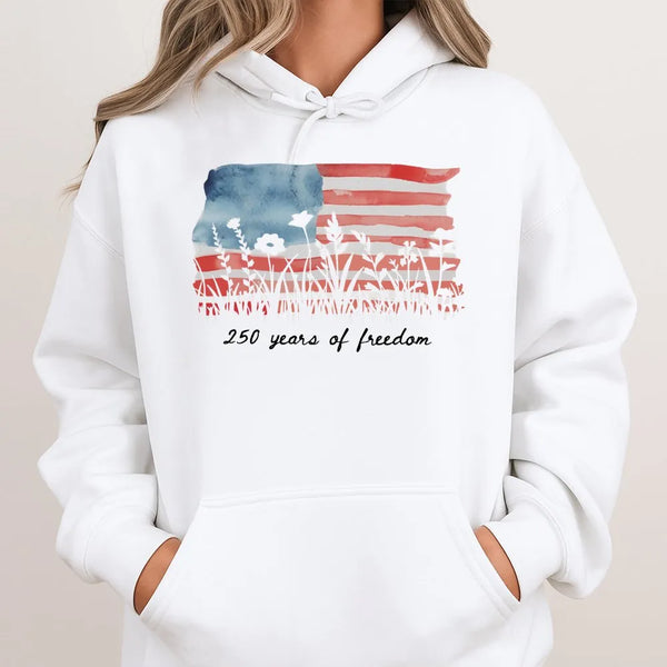 250 Years of Freedom Hoodie | Watercolor Wildflower Flag Art | Soft Cotton-Polyester Blend | Patriotic Fourth of July Gift