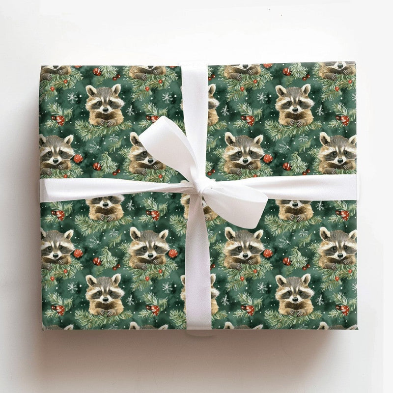 Woodland Animal Gift Wrap, Raccoon Christmas Wrapping Paper, Adorable Watercolor Winter Wrapping Paper, Evergreen Holiday Gift Wrap, Xmas Paper