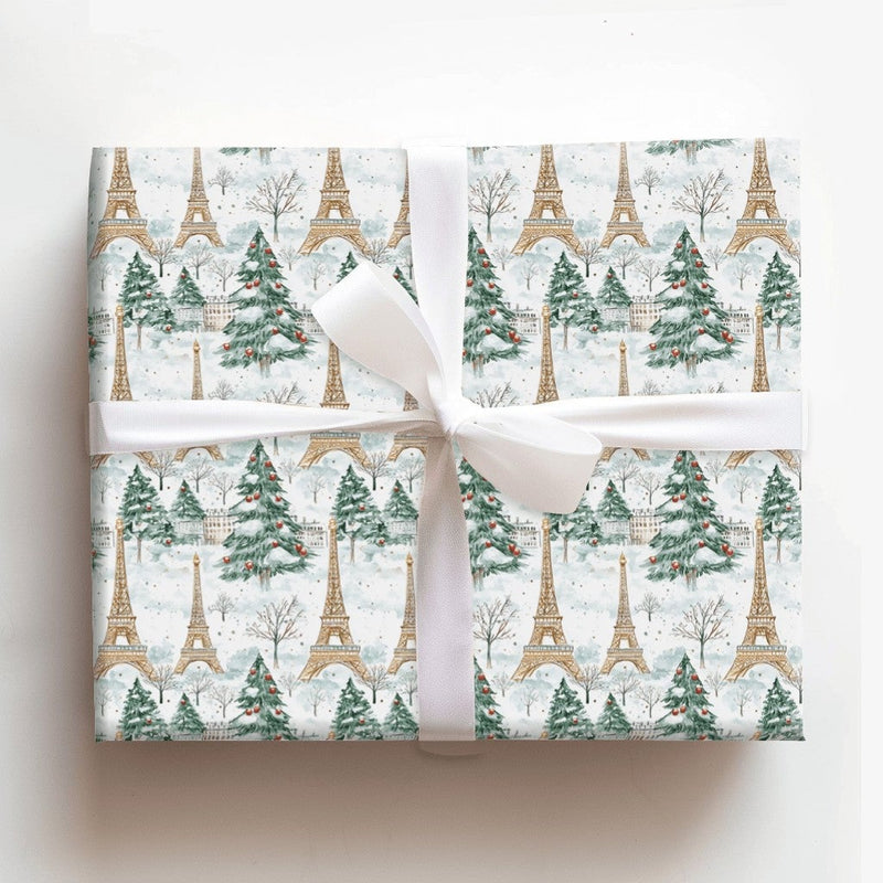 Snowy Winter City Gift Wrap, Paris Eiffel Tower Christmas Wrapping Paper, French Holiday Gift Wrapping Paper, Travel Lover Present Wrap Roll