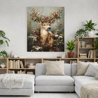 Rustic Woodland Deer Print, Christmas Deer Canvas Wall Art, Holly Berry Vintage Oil Painting Poster, Holiday Wall Decor Digital Download