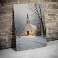Snowy Christmas Landscape Canvas Print, Winter Church Canvas Wall Art, Country Chapel Holiday Scene Canvas Decor, Digital Download