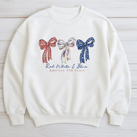 America 250 Years Sweatshirt | Red White Blue Ribbon Bows Art | Soft Cotton Polyester Blend | Patriotic Gift for History Lovers