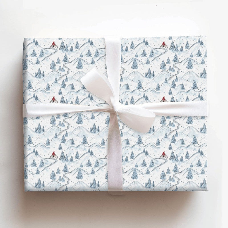Winter Biking Christmas Gift Wrap, Mountain Bike Santa Wrapping Paper, Snowy Trail Holiday Wrapping Paper, Cyclist Outdoor Gift Wrap