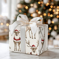 Santa Hat Reindeer Gift Wrap, Watercolor Reindeer Wrapping Paper, Festive Reindeer Christmas Paper Roll, Holiday Gift Wrapping Paper