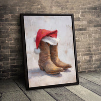 Rustic Christmas Holiday Wall Art, Western Cowboy Boots Santa Hat Canvas Print, Country Xmas Poster, Farmhouse Decor, Digital Download