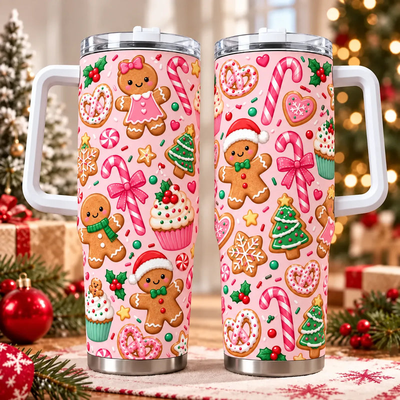 Candy Cane Cookie 40oz Travel Cup, Pink Gingerbread Christmas Tumbler, Pastel Holiday Tumbler with Handle, Adorable Xmas Tumbler Present