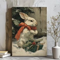 Winter Bunny Red Bow Holly Canvas Print, Vintage Christmas Rabbit Canvas, Rustic Holiday Bunny Wall Art, Farmhouse Xmas Decor Present
