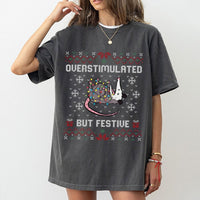 Ugly Christmas Sweater Graphic Tee, Overstimulated but Festive Opossum T-Shirt, Humorous Holiday Possum Shirt, Adorable Xmas Graphic T-Shirt