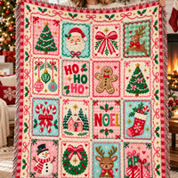 Ho Ho Ho Noel Gingerbread Throw Blanket, Pastel Pink Christmas Sherpa Blanket, Mint Pink Holiday Fleece Blanket