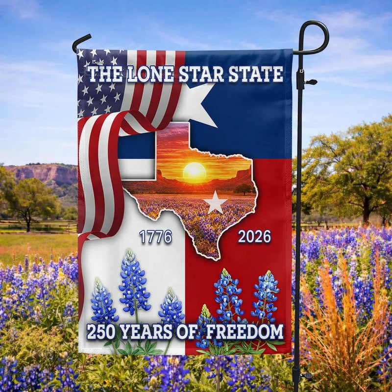 Texas Garden Flag 250 Years of Freedom | Bluebonnet Lone Star State Map | Double-Sided Weather-Resistant Polyester | Patriotic Outdoor Decor Gift