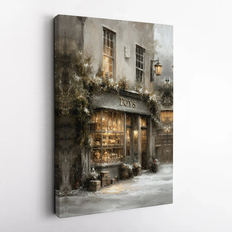 Snowy Christmas Village Scene Wall Art, Vintage Toy Shop Canvas Print, Nostalgic Holiday Poster Digital Download, Winter Wall Decor