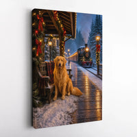 Winter Train Station Dog Wall Art, Golden Retriever Christmas Canvas, Snowy Holiday Golden Retriever Print, Festive Steam Train Canvas Art