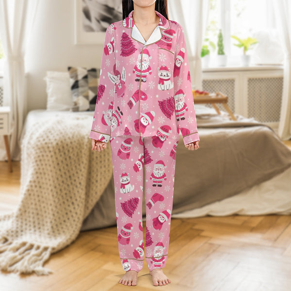 Adorable Santa Animal Holiday Pajamas, Pink Christmas Satin Pajamas Set, Girly Xmas Sleepwear Set, Festive Satin Loungewear P