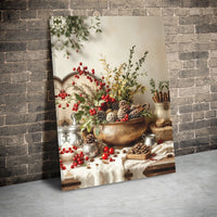 Winter Pine Cone and Red Berry Canvas Print, Rustic Christmas Wall Art, Farmhouse Holiday Still Life Poster, Seasonal Decor