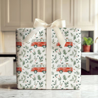 Retro Camper Van Gift Wrap, Vintage Red Camper Wrapping Paper, Christmas Camper Holiday Paper Roll, Winter Greenery Gift Wrapping Paper
