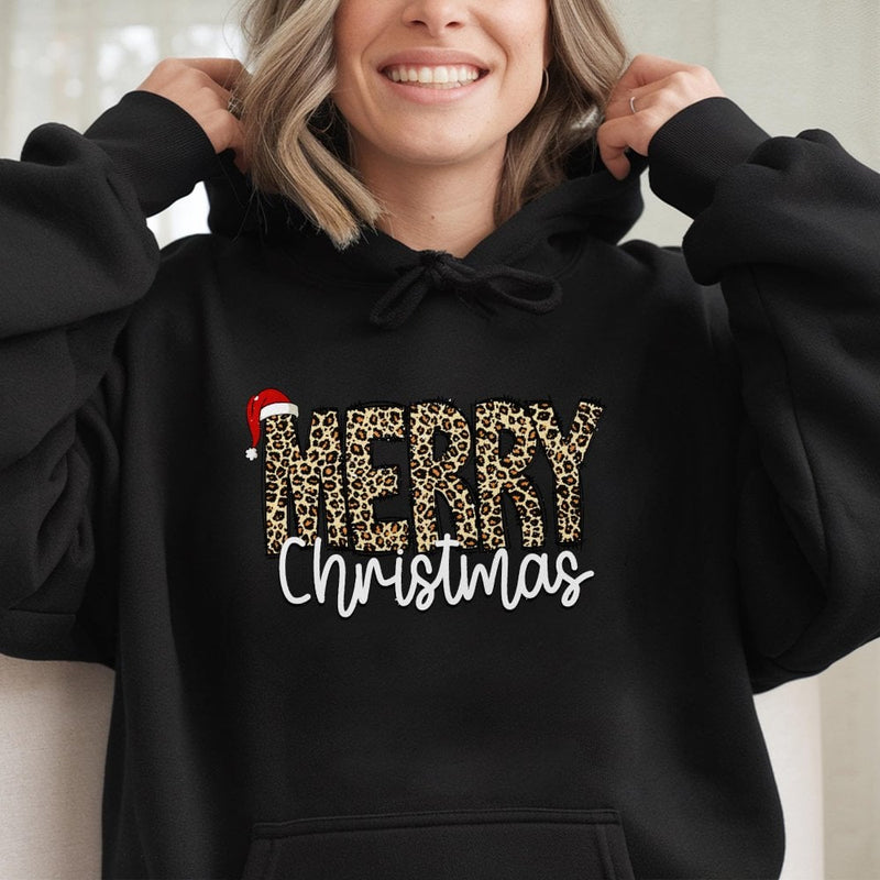 Leopard Santa Hat Hooded Sweatshirt, Merry Christmas Hoodie, Comfy Winter Holiday Pullover, Festive Graphic Hoodie, Xmas Present for Women
