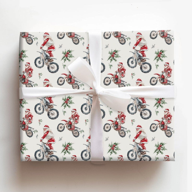Dirt Bike Santa Claus Gift Wrap, Motocross Santa Christmas Wrapping Paper, Biker Holiday Wrapping Paper, Motorcycle Christmas Gift Wrap