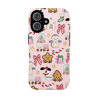 Kawaii Gingerbread Penguin Phone Case, Pink Christmas iPhone Case, Candy Cane iPhone Tough Case, Adorable Pastel Holiday Present Cover