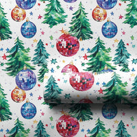 Groovy Holiday Gift Wrap Roll, Disco Ball Christmas Tree Wrapping Paper, Watercolor Pine Tree Present Paper, Fun Retro Winter Gift Wrapping