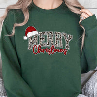 Retro Holiday Santa Hat Crewneck, Merry Christmas Leopard Print Sweatshirt, Leopard Christmas Pullover Sweater, Winter Holiday Present for Her