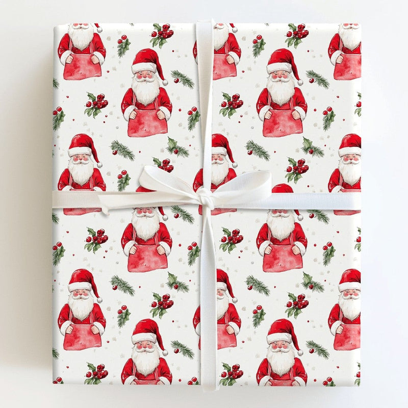 Festive Holly Pine Gift Wrap, Watercolor Santa Wrapping Paper, Christmas Santa Wrapping Paper, Holiday Workshop Apron Santa Present Paper