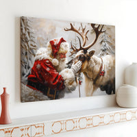 Whimsical Winter Forest Canvas Print, Santa Claus with Reindeer Canvas Wall Art, Festive Christmas Canvas Decor, Holiday Wall Art Canvas