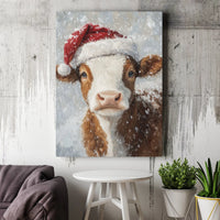 Farmhouse Winter Animal Canvas Print, Christmas Cow Canvas Wall Art, Rustic Holiday Cow Canvas Decor, Festive Farm Wall Decor, Farm Present