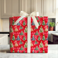 Colorful Star Tree Wrapping Paper, Watercolor Christmas Tree Wrapping Paper, Red Holiday Gift Wrap, Festive Present Wrapping Paper