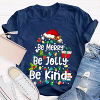 Santa Hat Fairy Lights Graphic Tee, Be Merry Be Jolly Be Kind Christmas T-Shirt, Holiday Family Shirt, Xmas Party Top