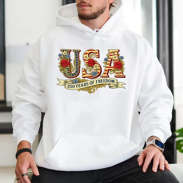 USA 250 Years Of Freedom Hoodie | Floral American Flag Graphic | Premium Cotton Blend | Patriotic Independence Day Gift For Adults