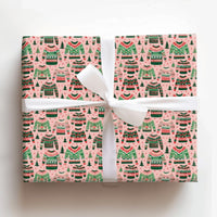 Retro Holiday Knit Gift Wrap, Ugly Christmas Sweater Wrapping Paper, Pink Xmas Tree Present Wrap, Festive Secret Santa Wrapping Paper Roll