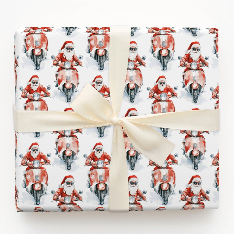 Sunglasses Santa Gift Wrap, Cool Santa on Scooter Wrapping Paper, Red Motor Scooter Christmas Wrapping Paper, Whimsical Holiday Gift Wrap