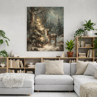Winter Woodland Deer Painting, Christmas Deer Canvas Wall Art, Snowy Forest Fawn Holiday Print, Festive Deer Wall Decor, Digital Download